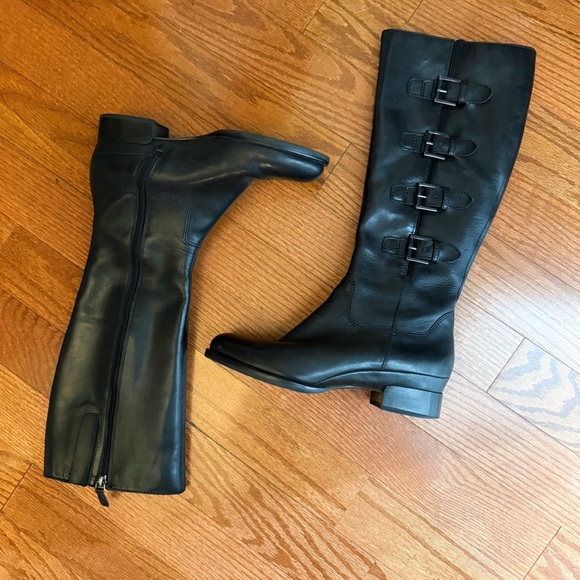 ECCO SULLIVAN BLACK LEATHER SIDE BUCKLE KNEE HIGH BOOTS - Picture 2 of 7